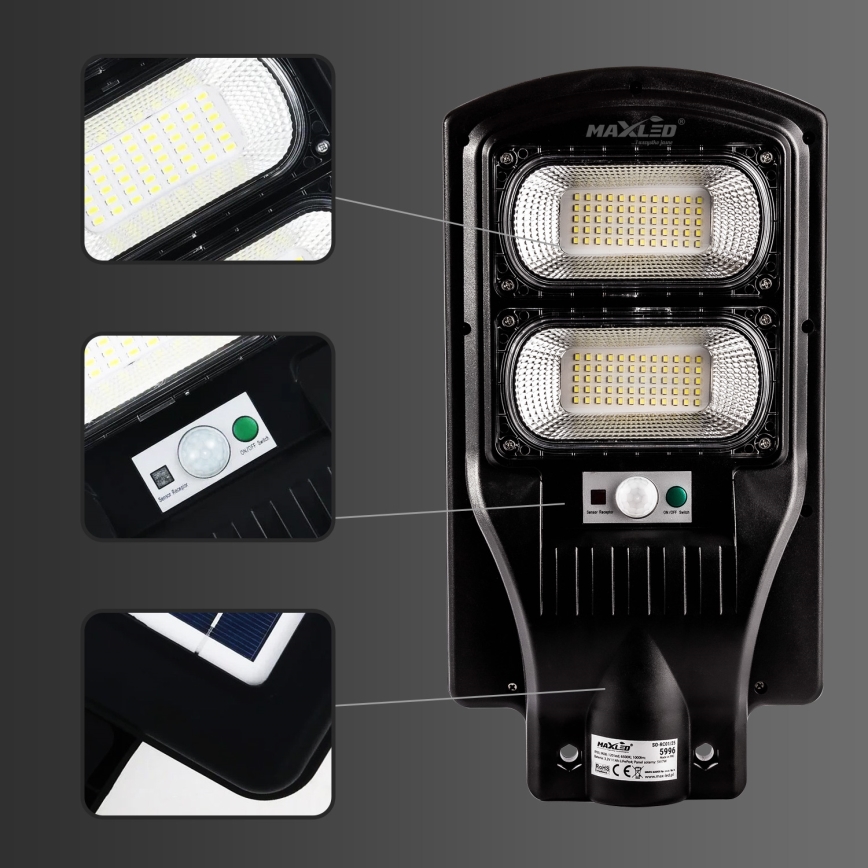 Lampă LED stradală solară dimabilă cu senzor LED/120W/6V 6500K IP65 negru + telecomandă