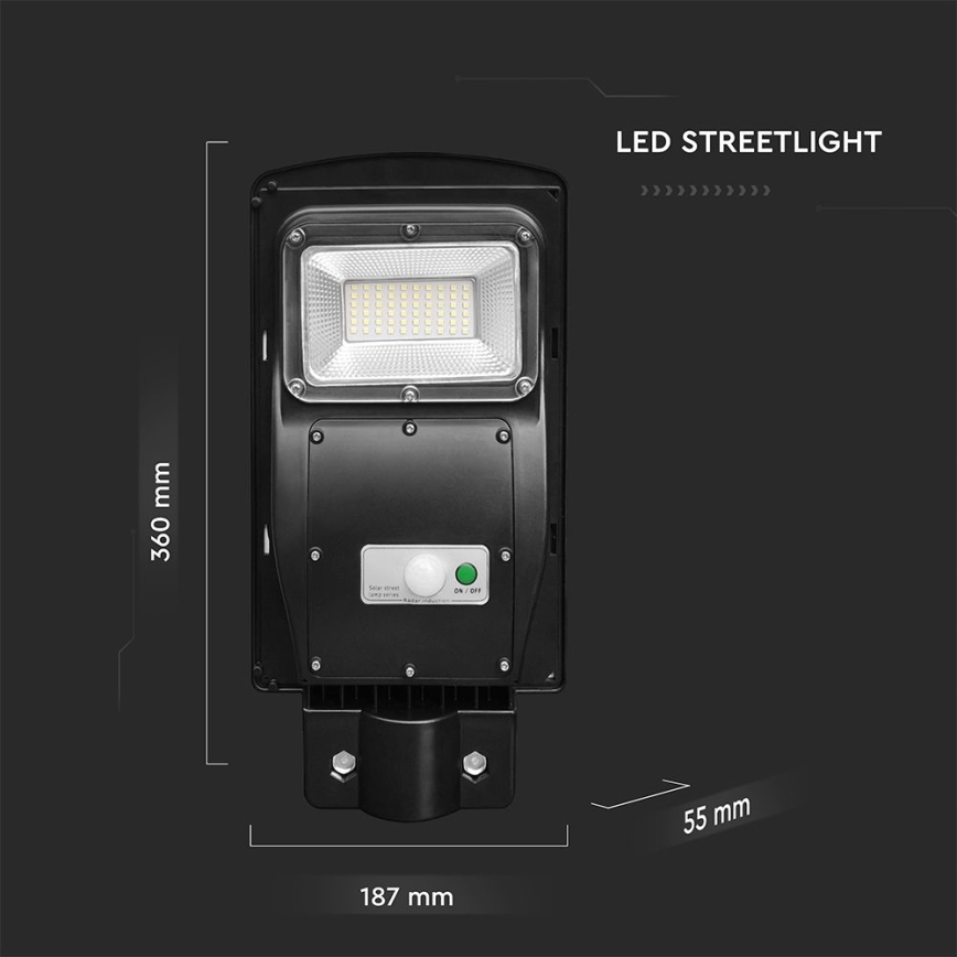 Lampă LED stradală solară cu senzor de mișcare și crepuscular LED/6W/3,2V 6000K IP65 5000 mAh negru + telecomandă