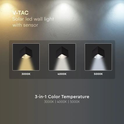 Lampă solară de perete cu senzor LED, 9W, 3,7V, 3000/4000/5000K, IP65, 2600 mAh, negru