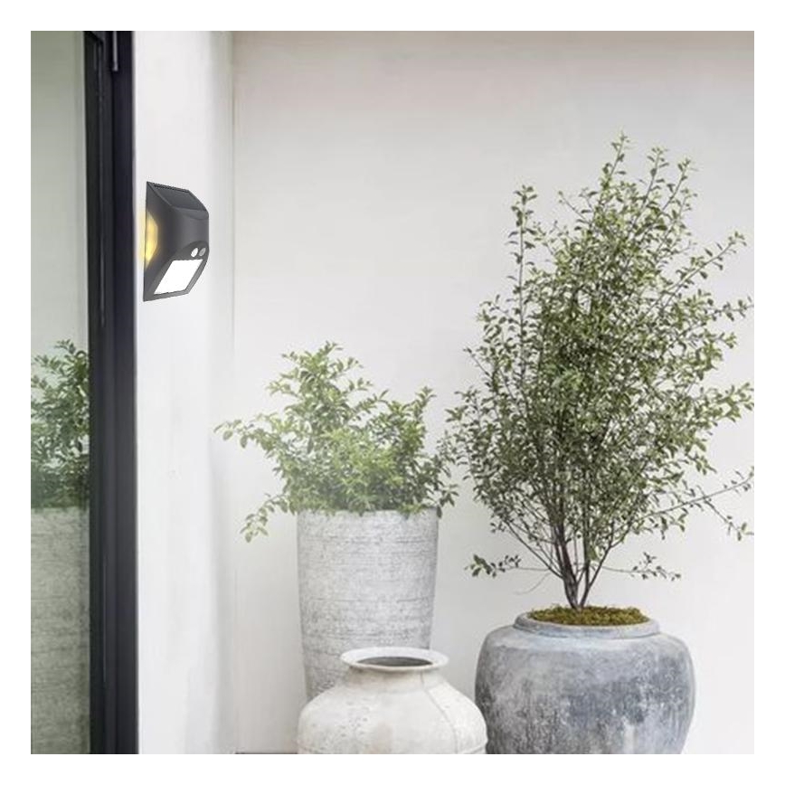 Aplica de perete solară LED cu senzor, 3W, 3,7V, 3000/4000K, 1200 mAh, IP54, antracit