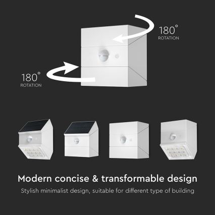 Lampă solară de perete LED cu senzor, 2,5 W, 3,7 V, 3000/4000/6000 K, IP65, 1200 mAh, albă