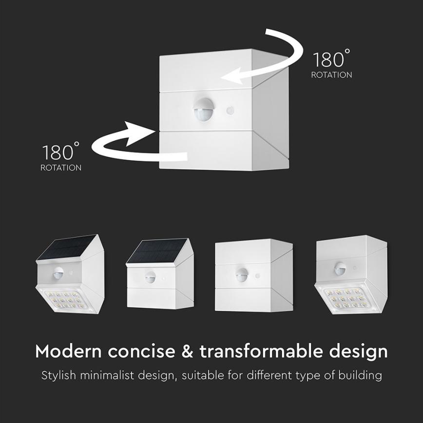Lampă solară de perete LED cu senzor, 2,5 W, 3,7 V, 3000/4000/6000 K, IP65, 1200 mAh, albă