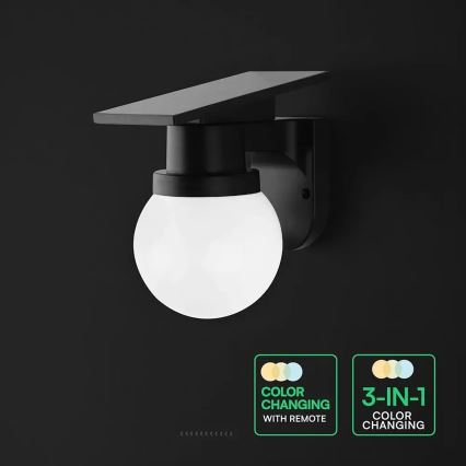 Lampă de perete solară LED/3,7V 3000/4000/6400K IP54 1800 mAh neagră + telecomandă