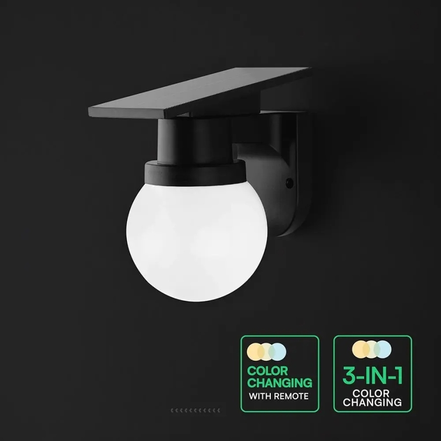 Lampă de perete solară LED/3,7V 3000/4000/6400K IP54 1800 mAh neagră + telecomandă