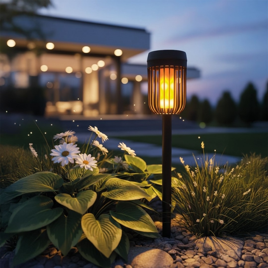 Lampă solară LED FLAME, 1,2 V, 100 mAh, 1800 K, 37 cm, IP44, negru