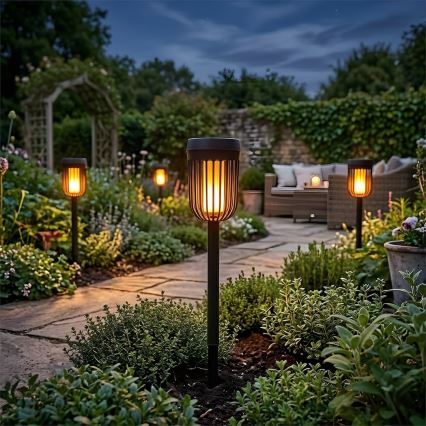 Lampă solară LED FLAME, 1,2 V, 100 mAh, 1800 K, 37 cm, IP44, negru