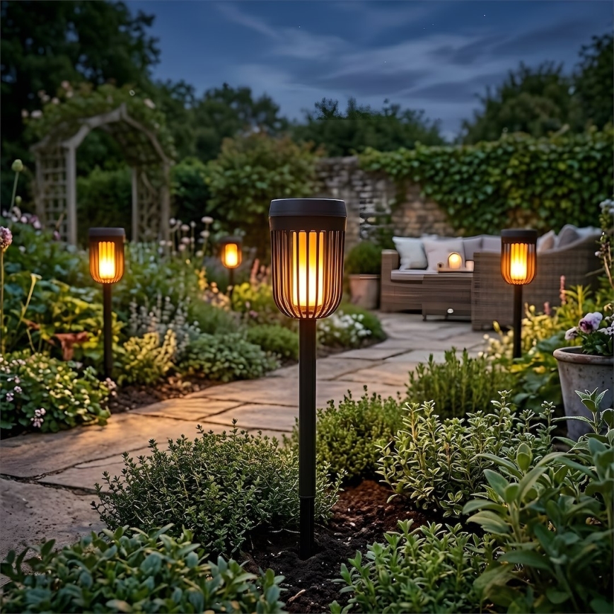 Lampă solară LED FLAME, 1,2 V, 100 mAh, 1800 K, 37 cm, IP44, negru