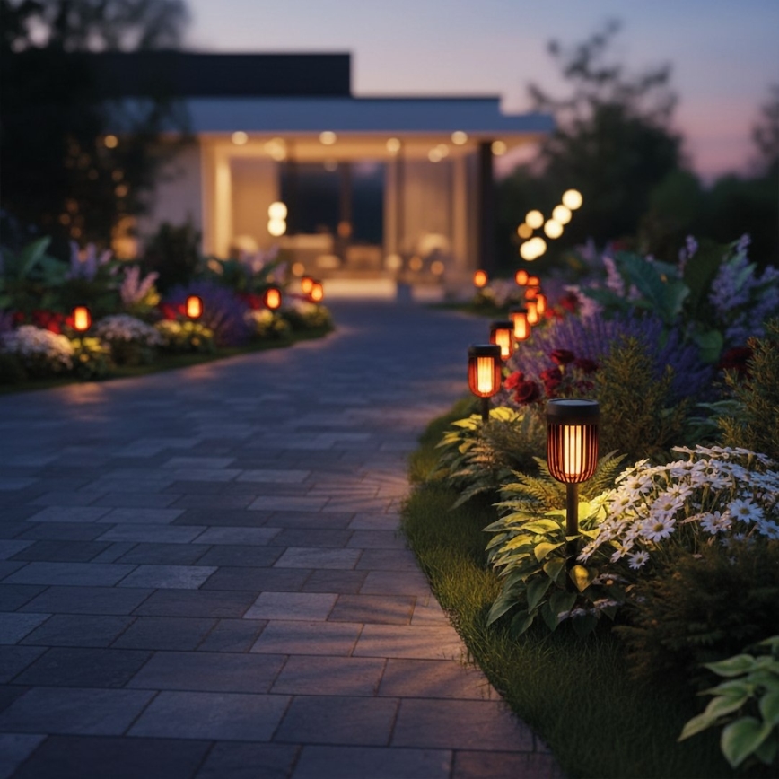 Lampă solară LED FLAME, 1,2 V, 100 mAh, 1800 K, 37 cm, IP44, negru