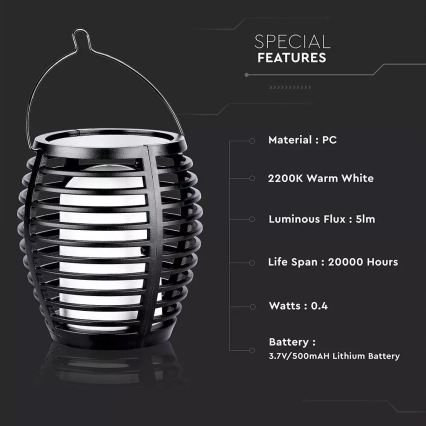 Lampă solară LED FLAME 4 în 1, 0,45 W / 3,7 V, IP44, 500 mAh