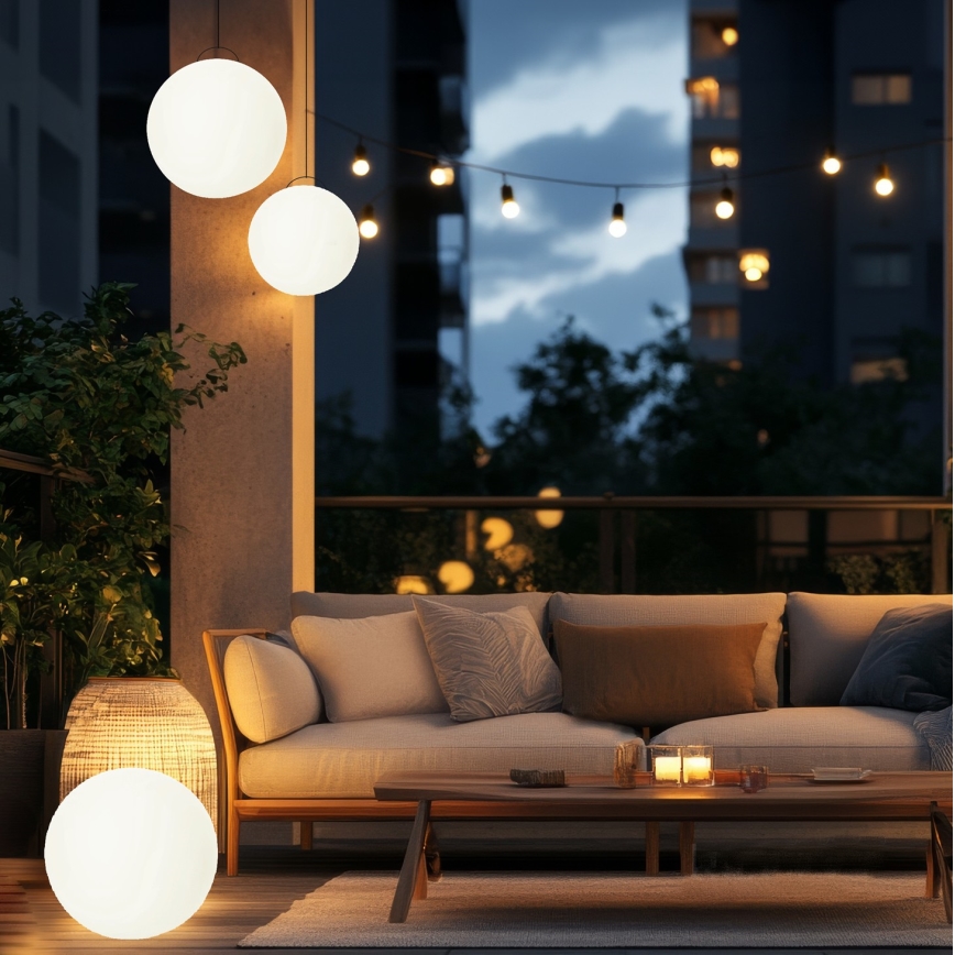 Lampă solară GARDEN BALL LED RGBW dimabilă, 5W, 3,7V, 3000K, IP54, 2200 mAh, Ø 30 cm + telecomandă