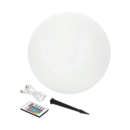 Lampă solară GARDEN BALL LED RGBW dimabilă, 5W, 3,7V, 3000K, IP54, 2200 mAh, Ø 30 cm + telecomandă