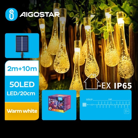 Lanț LED solar decorativ 50xLED/8 funcții 12m IP65 alb cald Aigostar