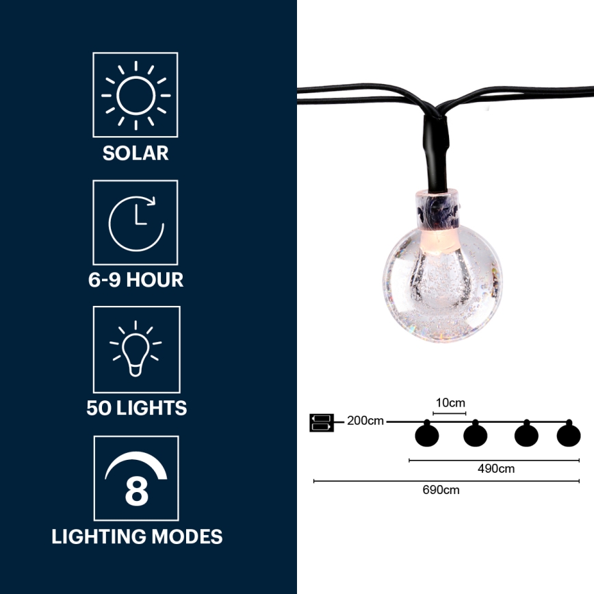 Lanț LED solar Grundig 50xLED/8 funcții 6,9 m alb cald