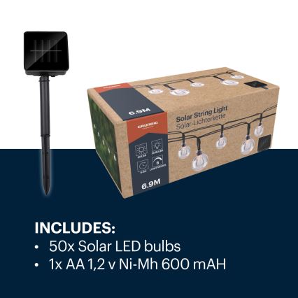 Lanț LED solar Grundig 50xLED/8 funcții 6,9 m alb cald