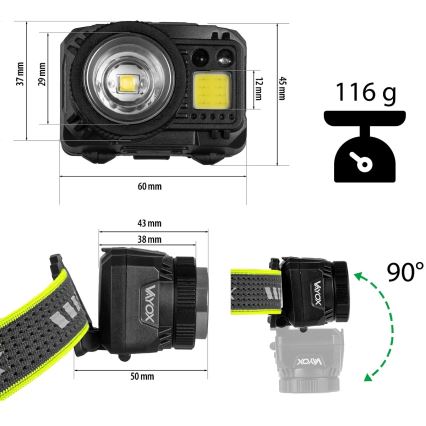 Lanternă frontală LED reîncărcabilă cu intensitate reglabilă, cu senzor și lumină roșie LED/6W/5V/3xAAA IP66 500 lm 1200 mAh