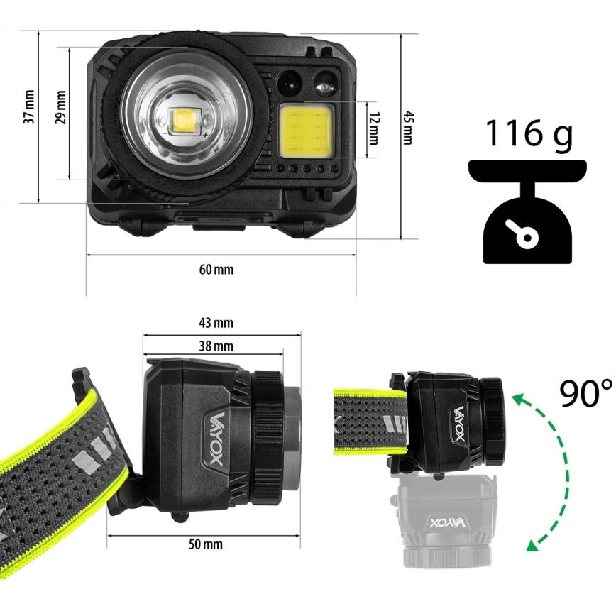 Lanternă frontală LED reîncărcabilă cu intensitate reglabilă, cu senzor și lumină roșie LED/6W/5V/3xAAA IP66 500 lm 1200 mAh