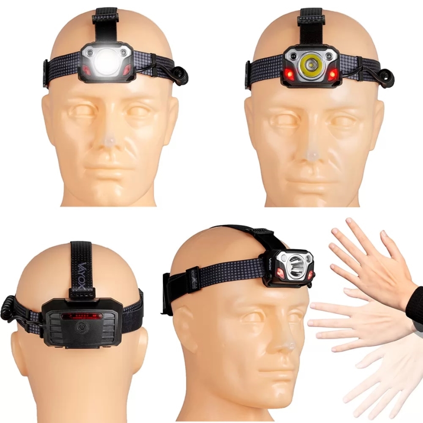 Lanternă frontală LED reîncărcabilă dimabilă cu senzor și funcție de acumulator extern și lumină roșie LED/10W/5V IP44 1200 lm 4000 mAh