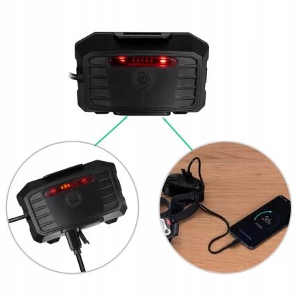 Lanternă frontală LED reîncărcabilă dimabilă cu senzor și funcție de acumulator extern și lumină roșie LED/10W/5V IP44 1200 lm 4000 mAh