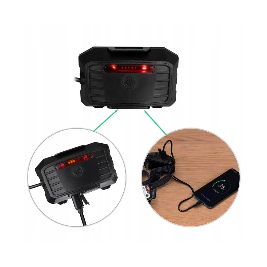 Lanternă frontală LED reîncărcabilă dimabilă cu senzor și funcție de acumulator extern și lumină roșie LED/10W/5V IP44 1200 lm 4000 mAh