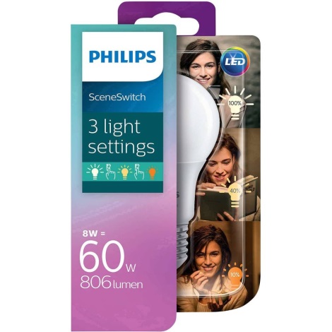 LED Bec Philips SCENE SWITCH A60 E27/8W/230V 2200K-2700K