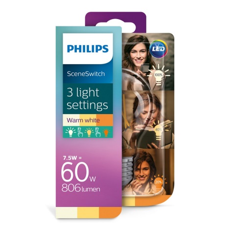 LED Bec Philips SCENE SWITCH VINTAGE A60 E27/7,5W/230V 2200K-2700K