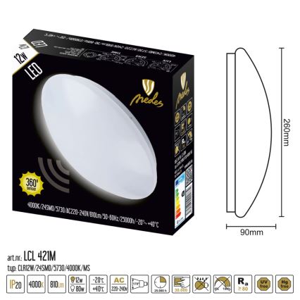 Nedes LCL421M - LED Corp de iluminat cu senzor LED/12W/230V