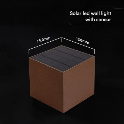 Aplică solară LED de perete cu senzor, 9W/3,7V 3000/4000/5000K IP65 2600 mAh maro