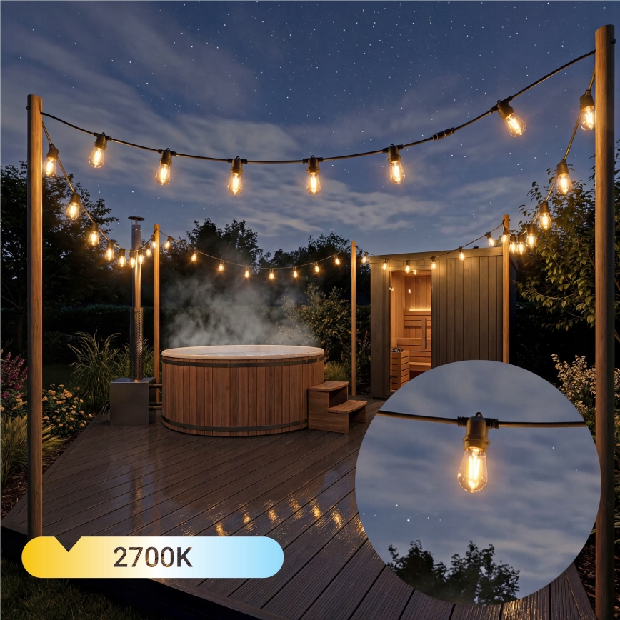 Ghirlandă decorativă solară LED reglabilă 10xE27/0,3W/3/5V USB 2400 mAh 10,62 m IP65 negru + telecomandă