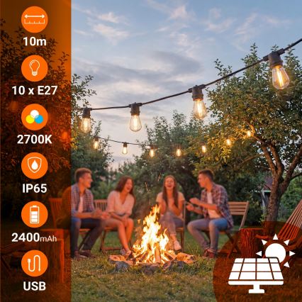 Ghirlandă decorativă solară LED reglabilă 10xE27/0,3W/3/5V USB 2400 mAh 10,62 m IP65 negru + telecomandă