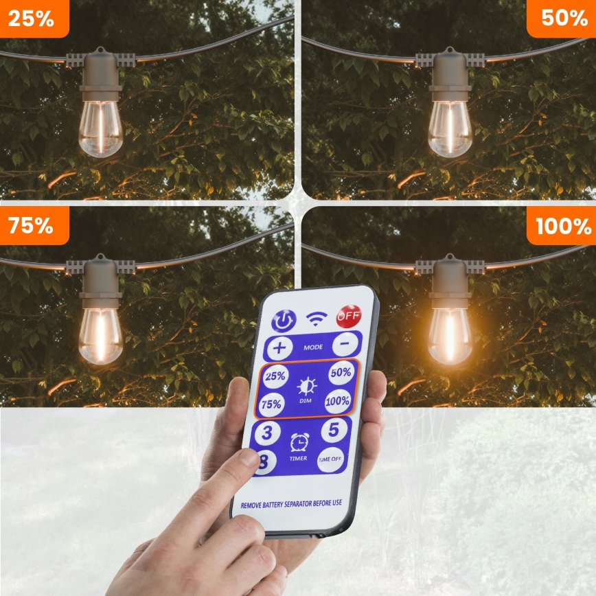 Ghirlandă decorativă solară LED reglabilă 10xE27/0,3W/3/5V USB 2400 mAh 10,62 m IP65 negru + telecomandă