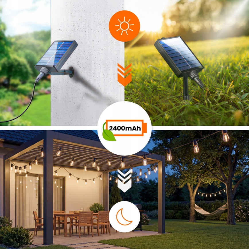 Ghirlandă decorativă solară LED reglabilă 10xE27/0,3W/3/5V USB 2400 mAh 10,62 m IP65 negru + telecomandă