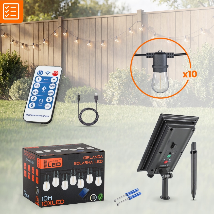Ghirlandă decorativă solară LED reglabilă 10xE27/0,3W/3/5V USB 2400 mAh 10,62 m IP65 negru + telecomandă
