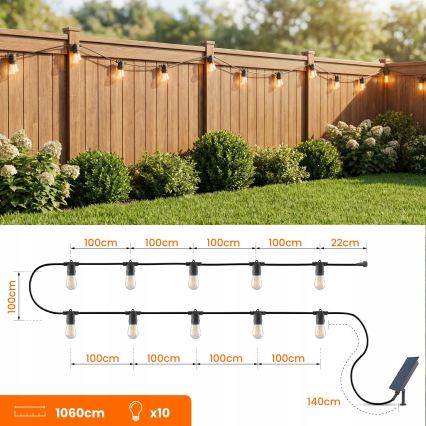 Ghirlandă decorativă solară LED reglabilă 10xE27/0,3W/3/5V USB 2400 mAh 10,62 m IP65 negru + telecomandă