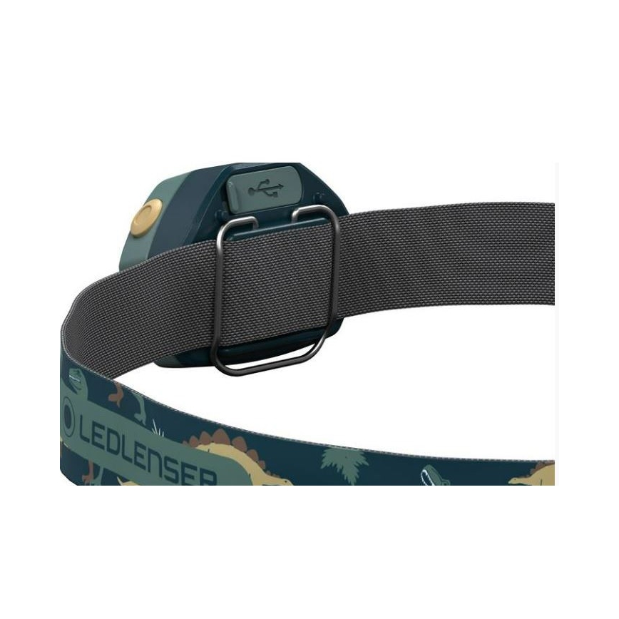 Ledlenser KIDLED4R Dino - lanternă frontală reîncărcabilă pentru copii cu LED, intensitate reglabilă, acumulator 280 mAh, IPX4, 40 lm, autonomie 18 ore, verde