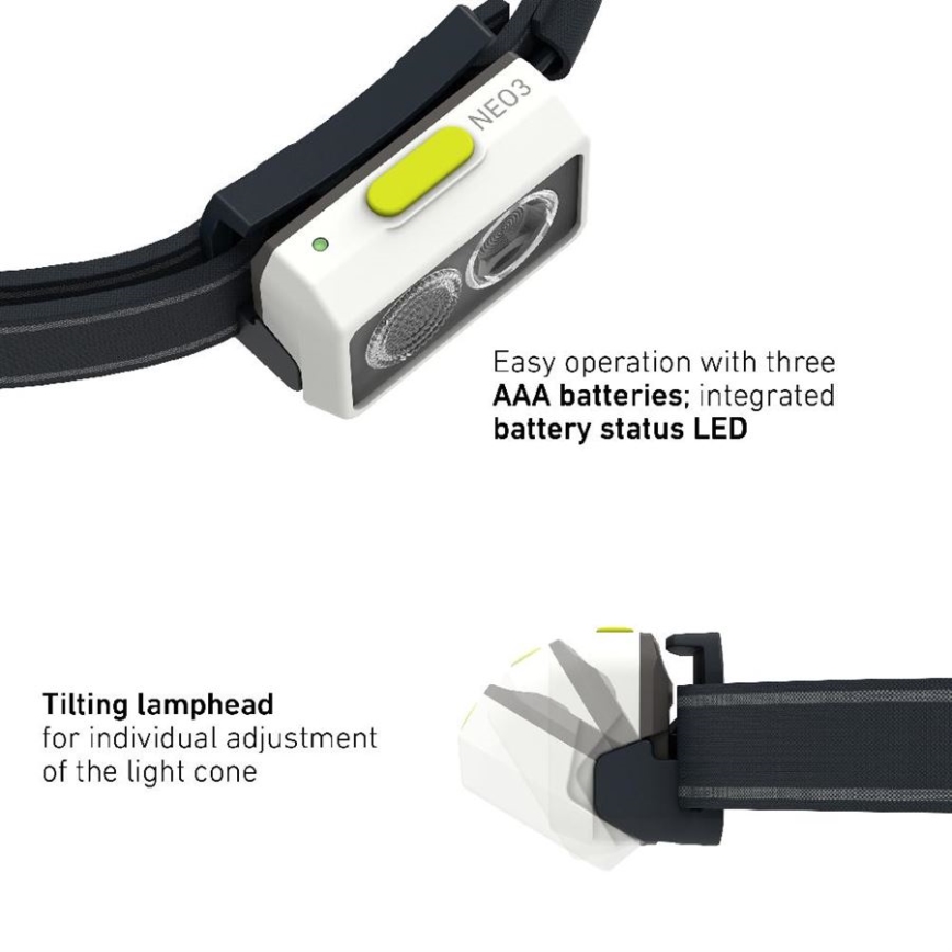Ledlenser NEO3 - Lampă frontală LED cu reglaj al intensității, alimentare 3xAAA, grad de protecție IP54, 400 lm, autonomie 20 ore, negru/alb