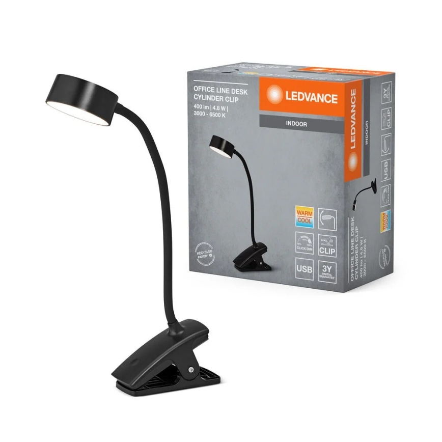 Ledvance - Lampă de birou LED tactilă, dimabilă, cu clemă CYLINDER LED/4,8W/5V 3000-6500K negru
