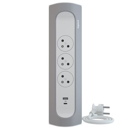 Legrand 049406 - Prelungitor 3 prize (tip E) + USB-A + USB-C, 1 m, argintiu/alb