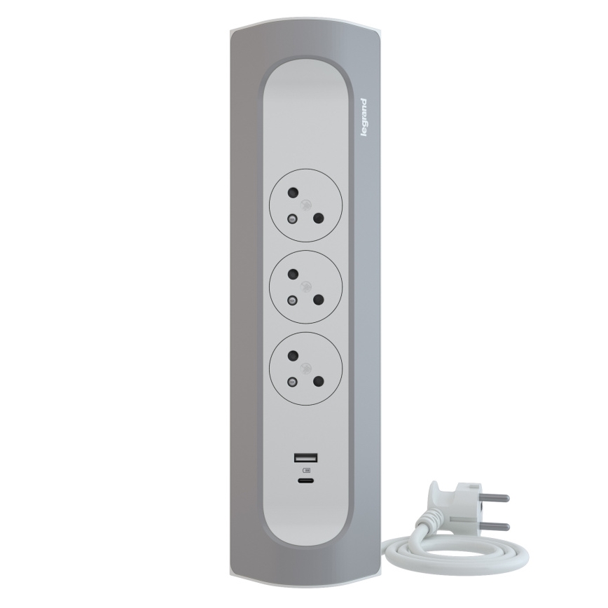 Legrand 049406 - Prelungitor 3 prize (tip E) + USB-A + USB-C, 1 m, argintiu/alb