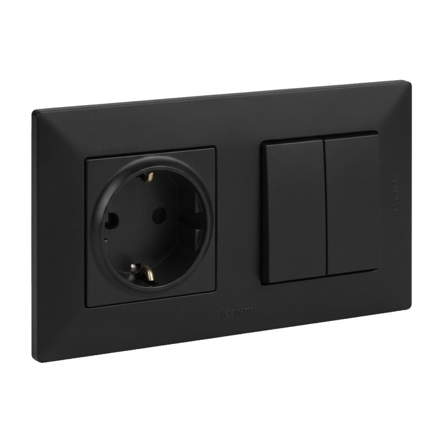 Legrand - Întrerupător dublu pentru scară 6+6 și priză casnică SCHUKO cu ramă NILOE STEP 250V negru