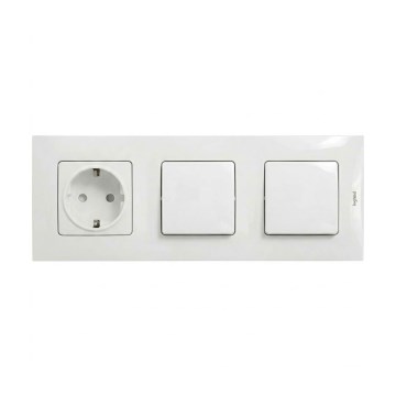 Legrand - întrerupător dublu unipolar nr. 1 și priză casnică SCHUKO cu ramă NILOE 250V albă