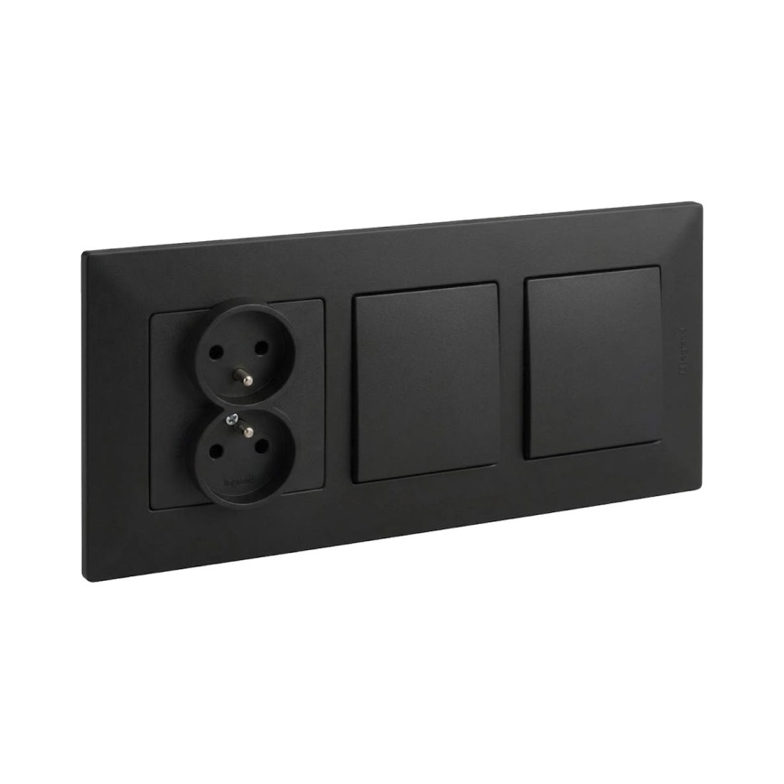 Legrand - Întrerupător dublu unipolar nr. 1 și priză dublă casnică cu ramă NILOE STEP 250V negru