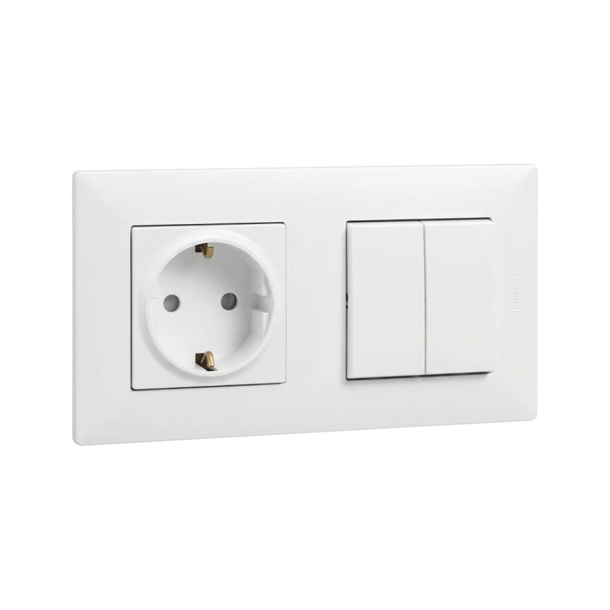 Legrand - Priză casnică SCHUKO și întrerupător dublu în serie nr. 5 cu ramă NILOE STEP 250 V alb