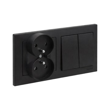 Legrand - Priză dublă pentru locuință și întrerupător dublu în serie nr. 5 cu ramă SUNO, 250V, de culoare neagră