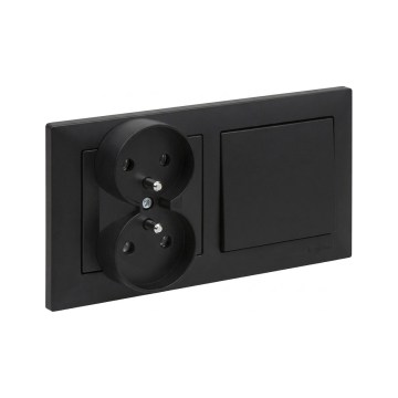 Legrand - Priză dublă pentru uz casnic și întrerupător unipolar nr. 1, cu ramă SUNO, 250V, negru