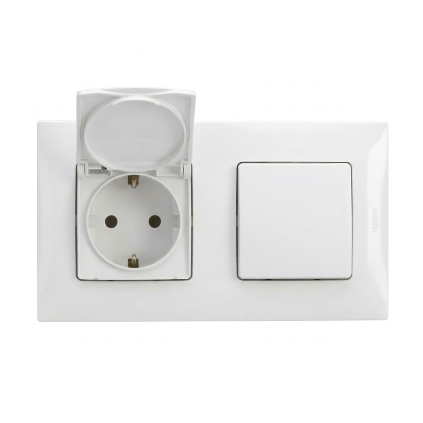 Legrand - Priză exterioară pentru uz casnic și întrerupător unipolar nr. 1 cu ramă NILOE 250V IP44 alb