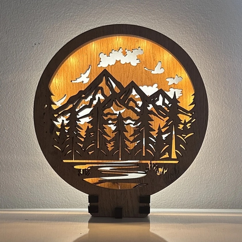 Li-Go 23583/DUB2 - Lampă de masă decorativă LED dimabilă, 12W/230V, 20x22 cm, stejar, Munți și pădure