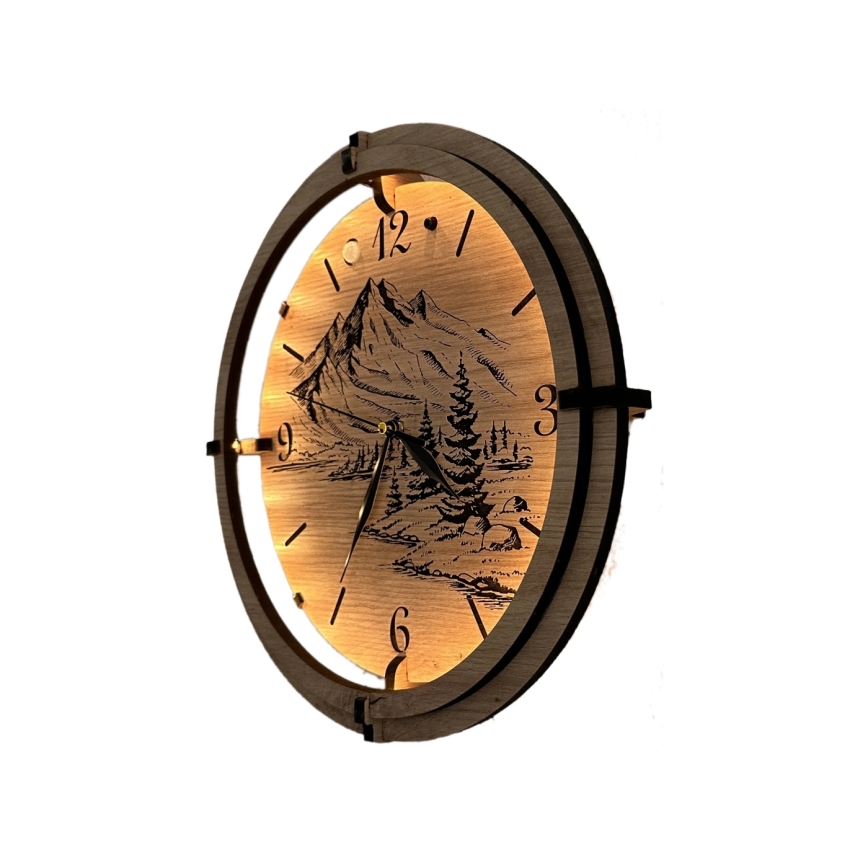 Li-Go 23697/DUB/BAT2 - Ceas LED dimerizabil cu senzor de mișcare, LED 10W/5V, baterie 20000 mAh + 1x AA, diametru 32 cm, stejar/Munți