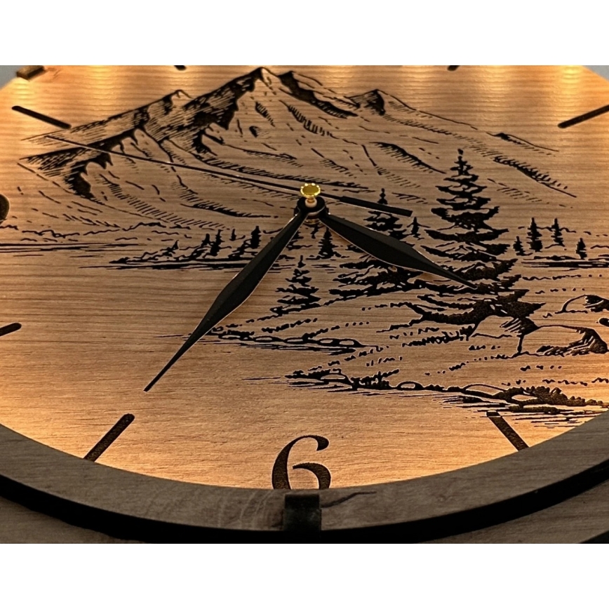 Li-Go 23697/DUB/BAT2 - Ceas LED dimerizabil cu senzor de mișcare, LED 10W/5V, baterie 20000 mAh + 1x AA, diametru 32 cm, stejar/Munți