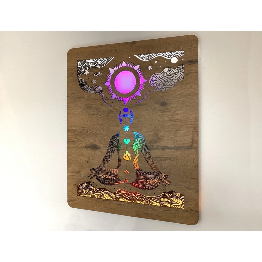 Li-Go 4421/A/4 - Decorațiune de perete LED reglabilă LED/10W/5V 30000 mAh 70x90 cm stejar/chakre