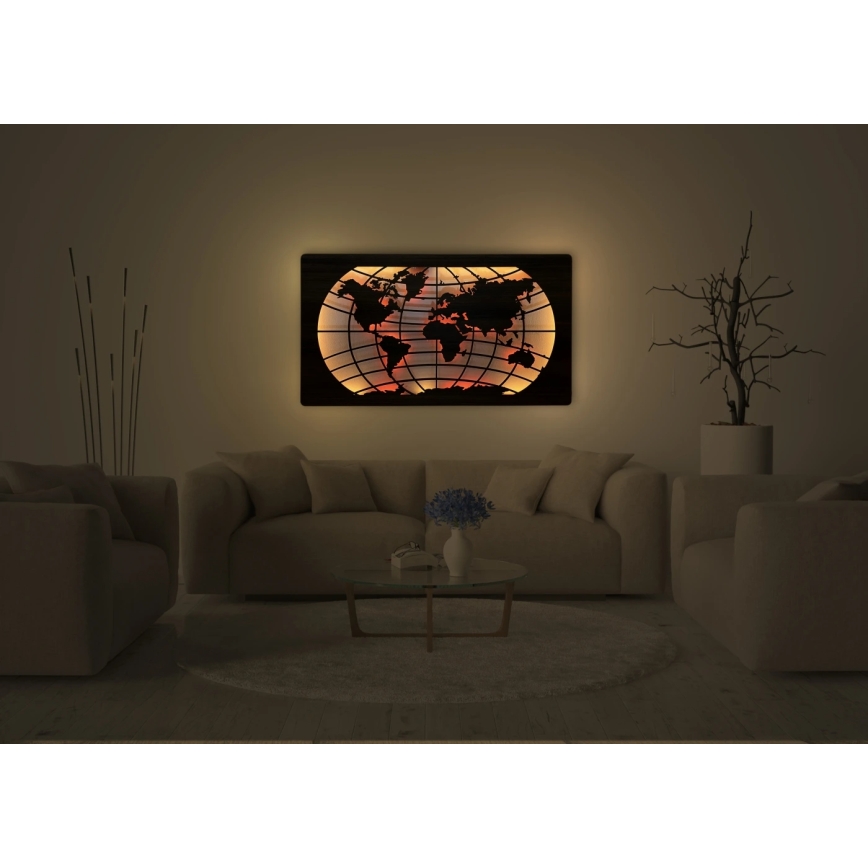 Li-Go 4709/DUB2 - Decorațiune de perete LED RGBW reglabilă, 24W/230V, 125x74 cm, stejar — hartă a lumii (paralele) + telecomandă